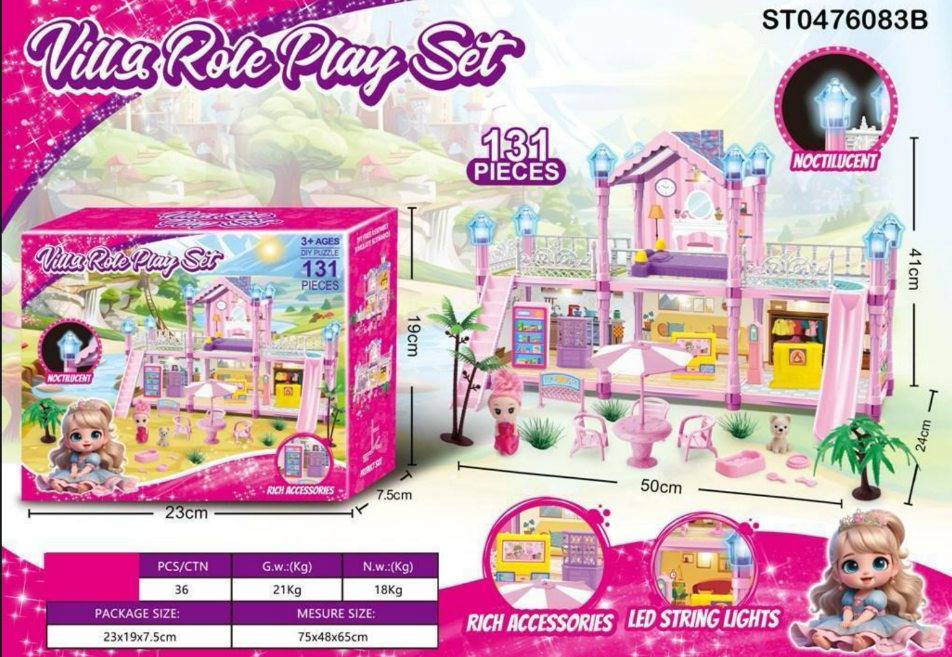 Villa Role Play Doll House Set with LED Lights | 131 Pieces Luxury Dollhouse Playset for Kids (ST0476083B)