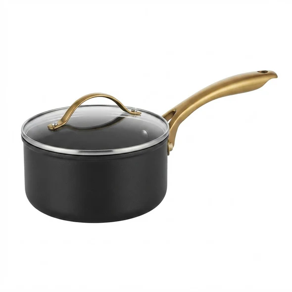 Premium Matte Black Saucepan with Gold Handle and Glass Lid