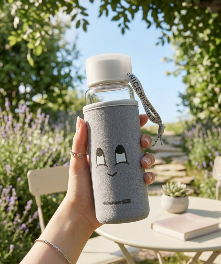 ShinerMe LOVE Glass Water Bottle with Smiley Face Neoprene Sleeve