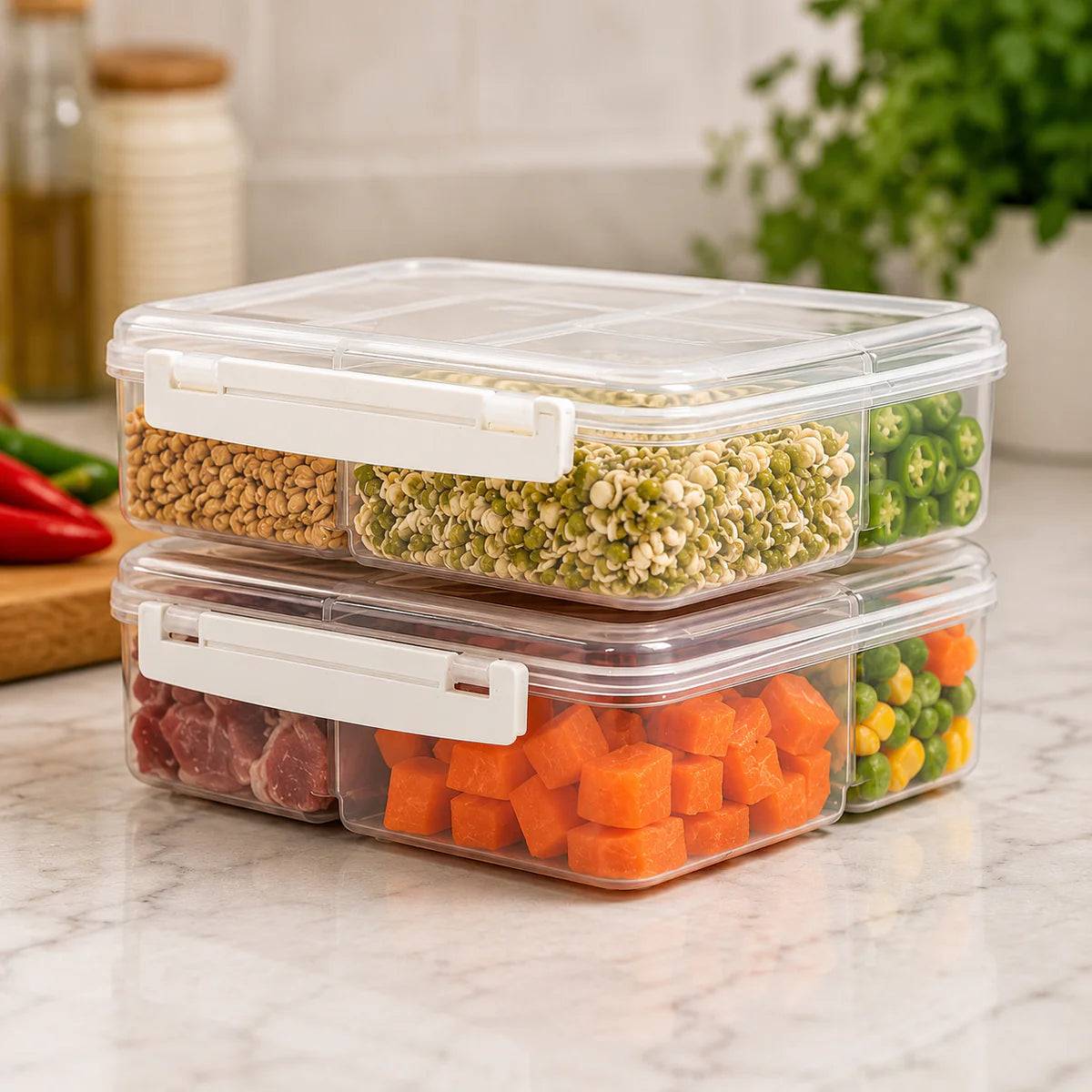 4-Compartment Fridge Food Storage Container with Flip Lid