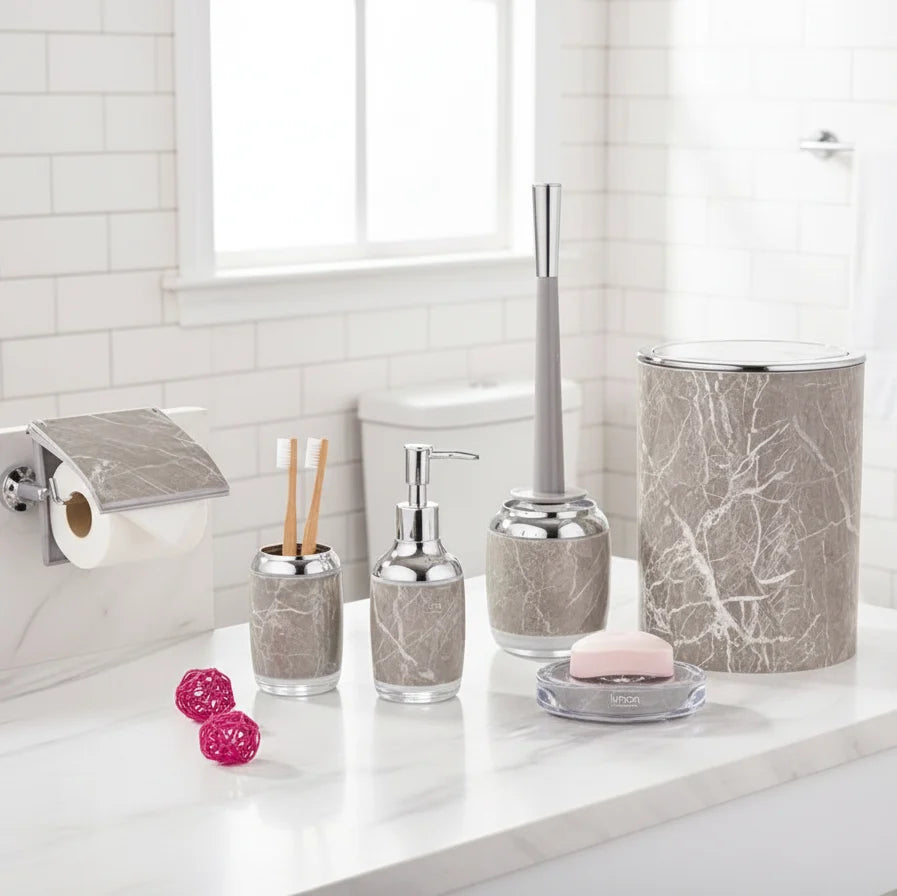 Marble Bathroom Accessories Set – 6 Pieces with Chrome Accents