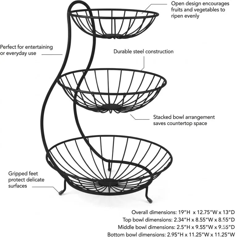 3-Tier Metal Wire Fruit Basket Stand – Matte Black | S-Curve Design