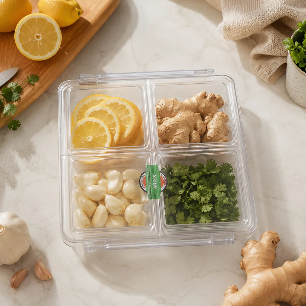 4-Compartment Fridge Food Storage Container with Flip Lid