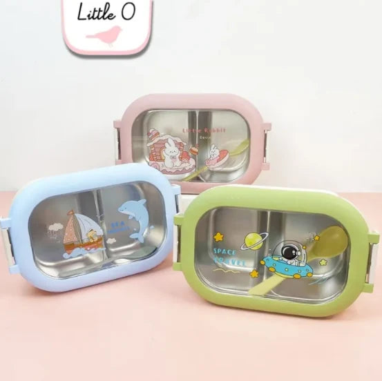 Little O Kids Stainless Steel Lunch Box with Transparent Lid – 3 Cartoon Designs | Blue, Pink & Green