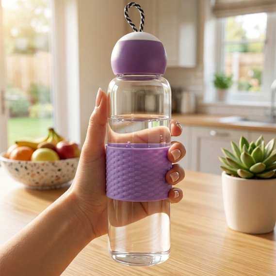 Clear Glass Water Bottle with Silicone Sleeve & Rope Lid