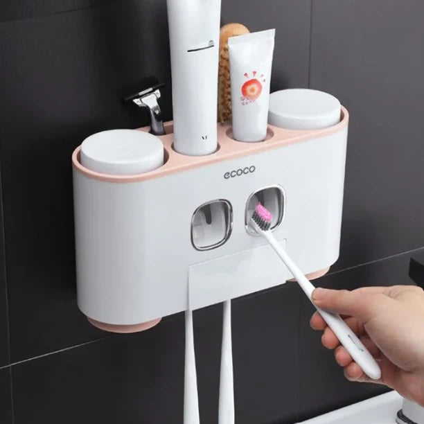 ECOCO Wall-Mount Toothbrush Holder & Dual Automatic Toothpaste Dispenser – 4 Brush Slots | 2 Cups | Storage Shelf