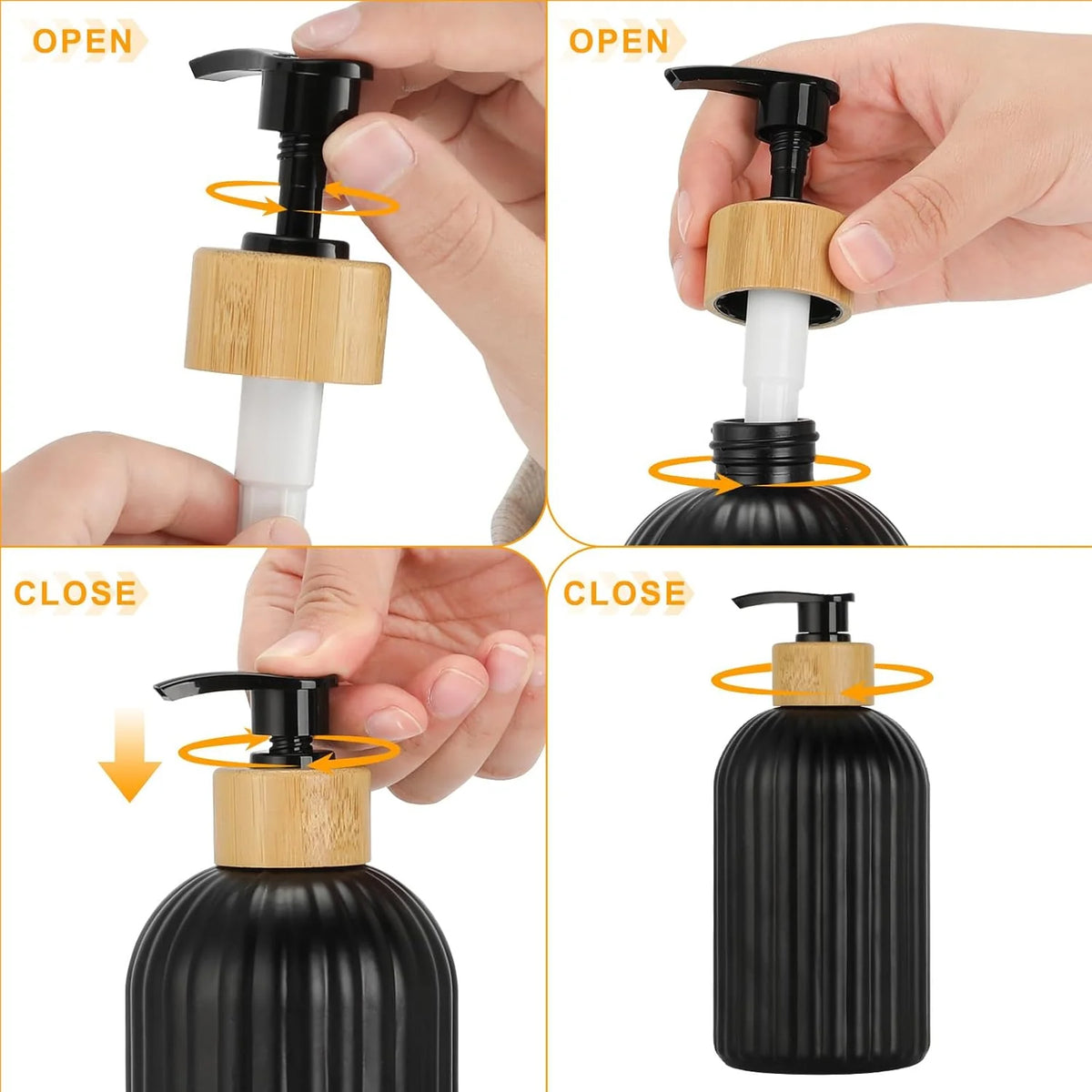 Ribbed Bamboo Pump Soap Dispenser – Black & White | Sealable Pump | 500ml | Shampoo, Body Wash & Hand Soap