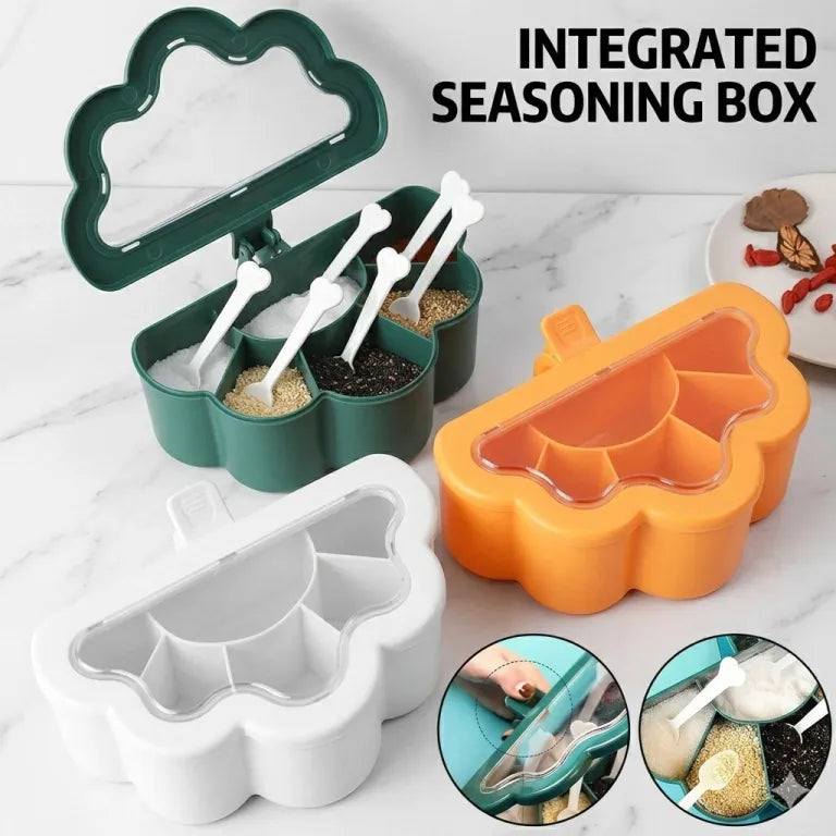 Integrated Cloud-Shape Seasoning Box with Transparent Lid & Spoons – 3 Compartments