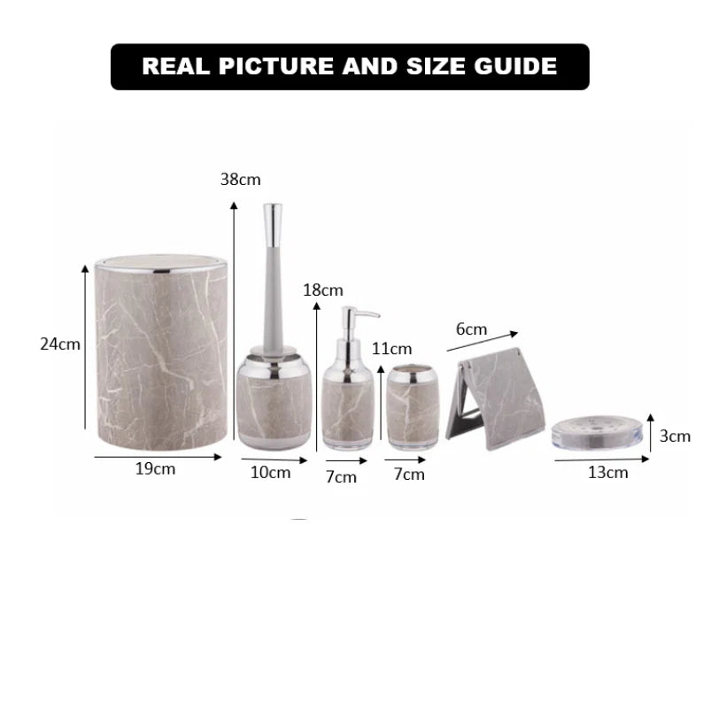 Marble Bathroom Accessories Set – 6 Pieces with Chrome Accents