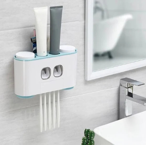ECOCO Wall-Mount Toothbrush Holder & Dual Automatic Toothpaste Dispenser – 4 Brush Slots | 2 Cups | Storage Shelf