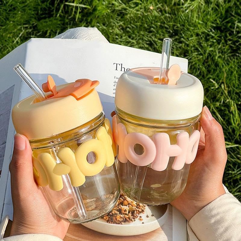 MOHA Aesthetic Glass Cup with 3D Bubble Letters, Flip Lid & Straw – 3 Colours