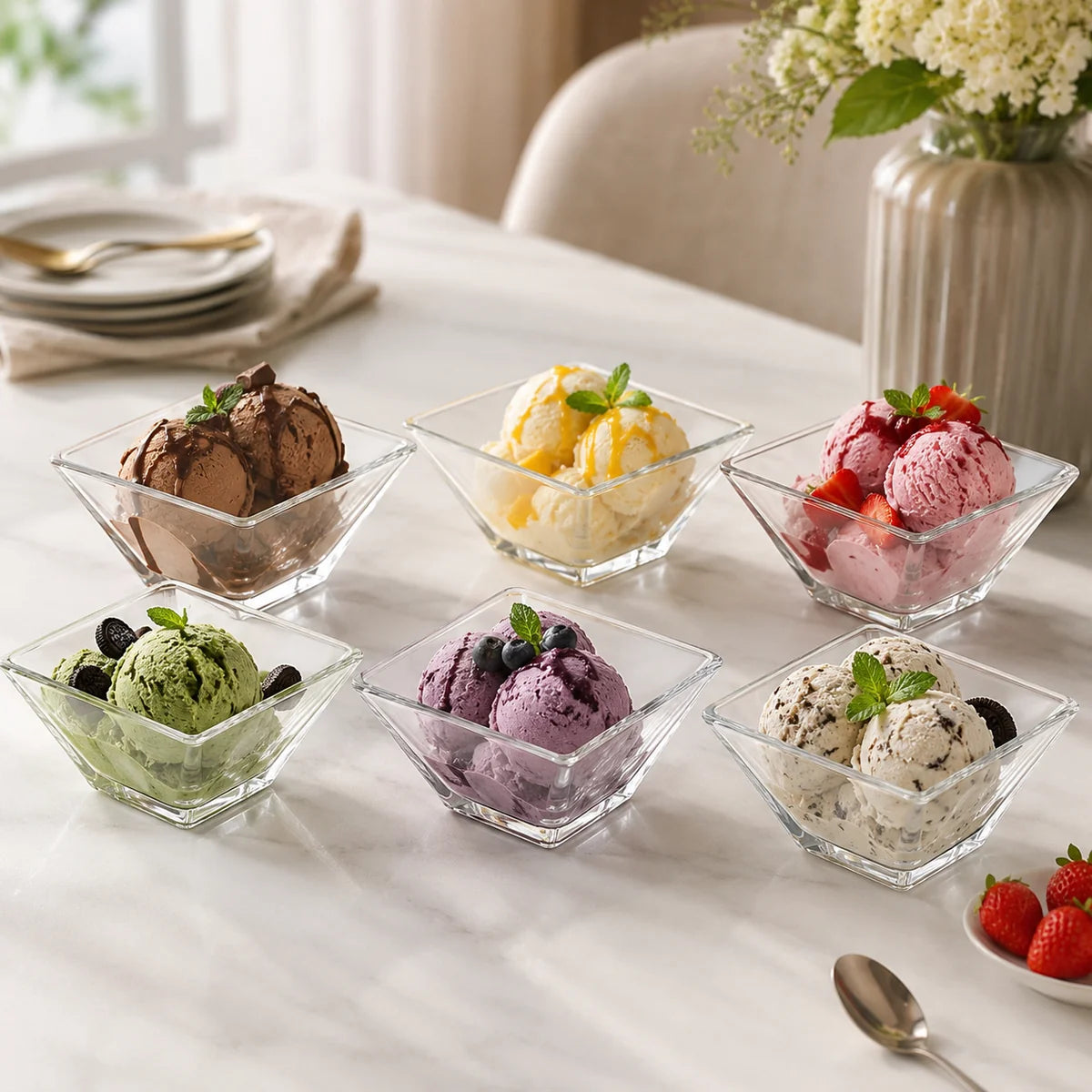 Square Glass Dessert Bowls – Set of 6