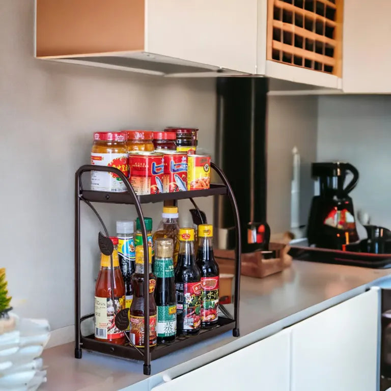 2-Tier Metal Wire Spice & Condiment Rack – Matte Black | Leaf Design