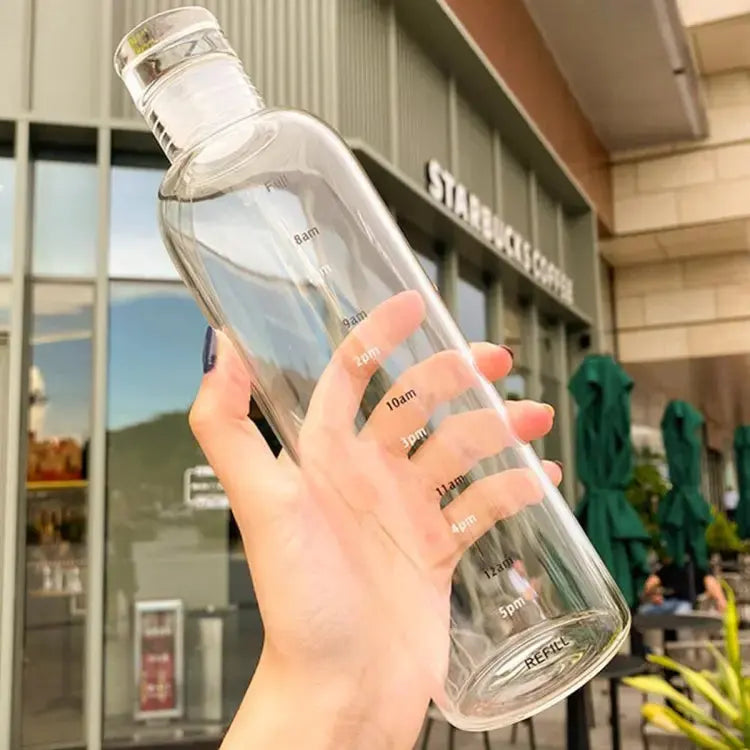 Clear Glass Time Marker Water Bottle – Hourly Hydration Tracker