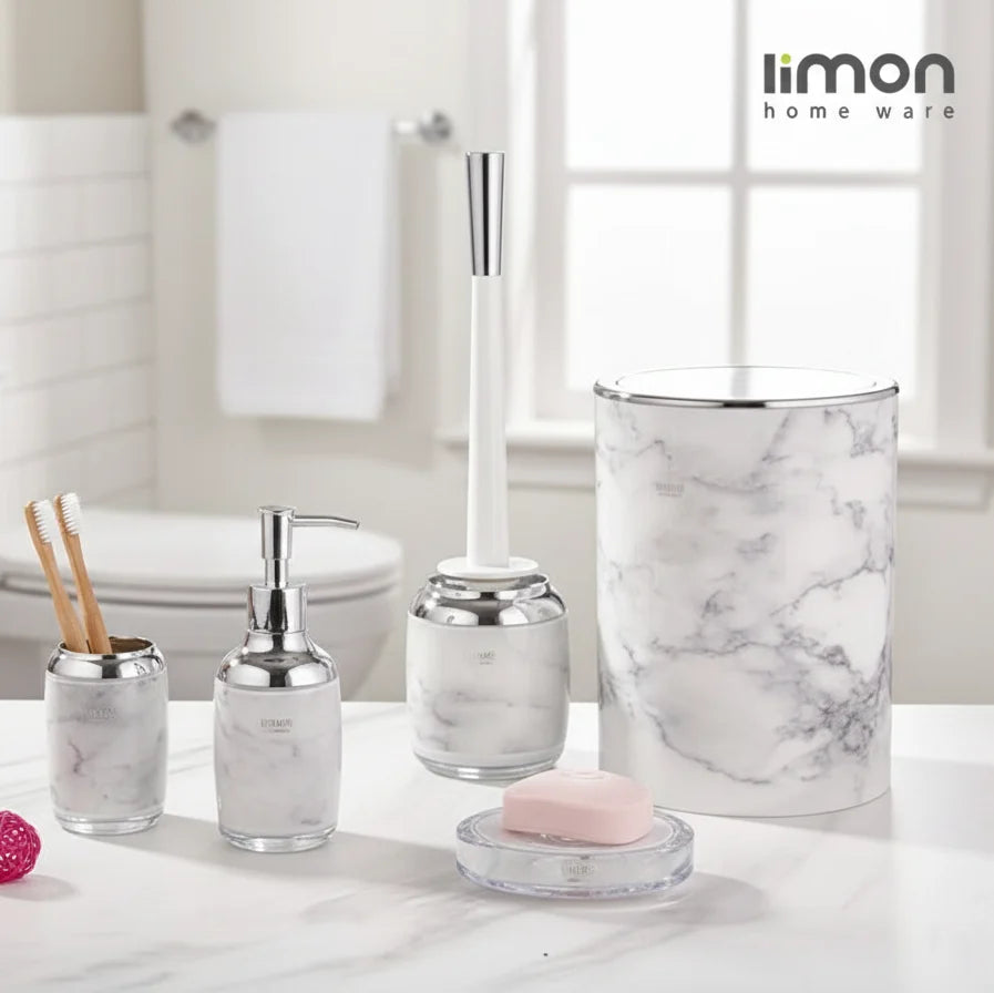 Marble Bathroom Accessories Set – 6 Pieces with Chrome Accents