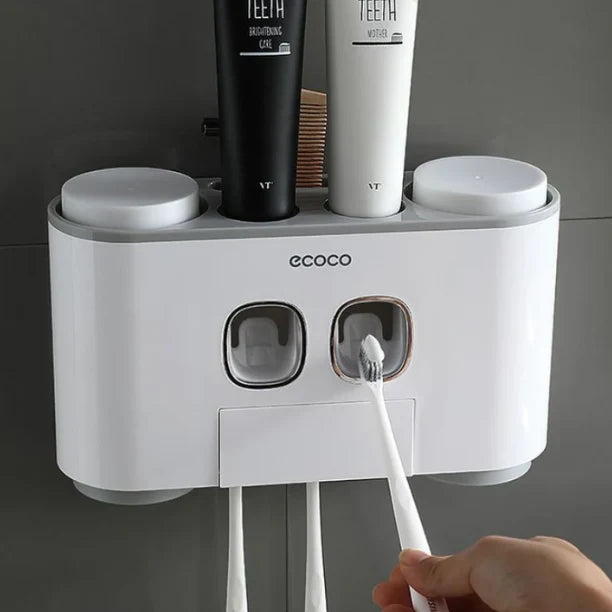 ECOCO Wall-Mount Toothbrush Holder & Dual Automatic Toothpaste Dispenser – 4 Brush Slots | 2 Cups | Storage Shelf
