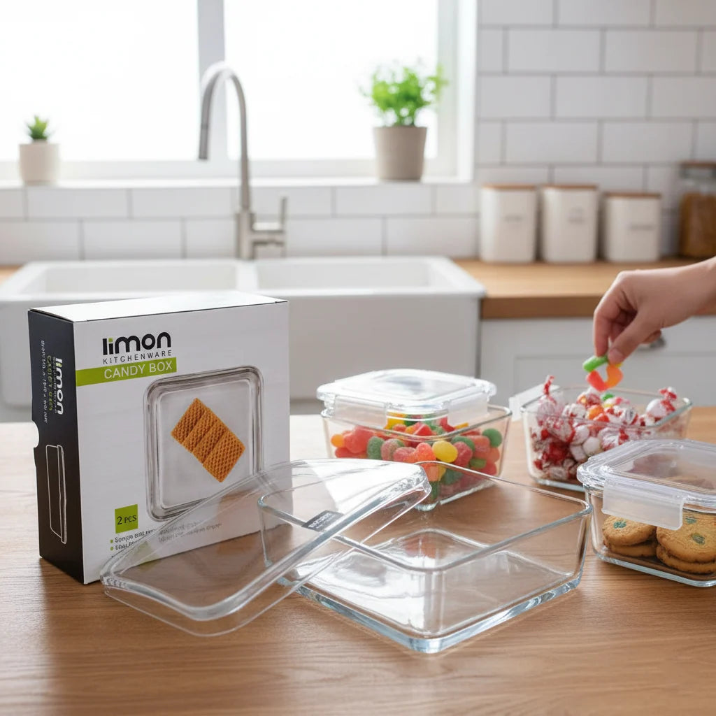 Square Glass Candy Box with Lid – Set of 2