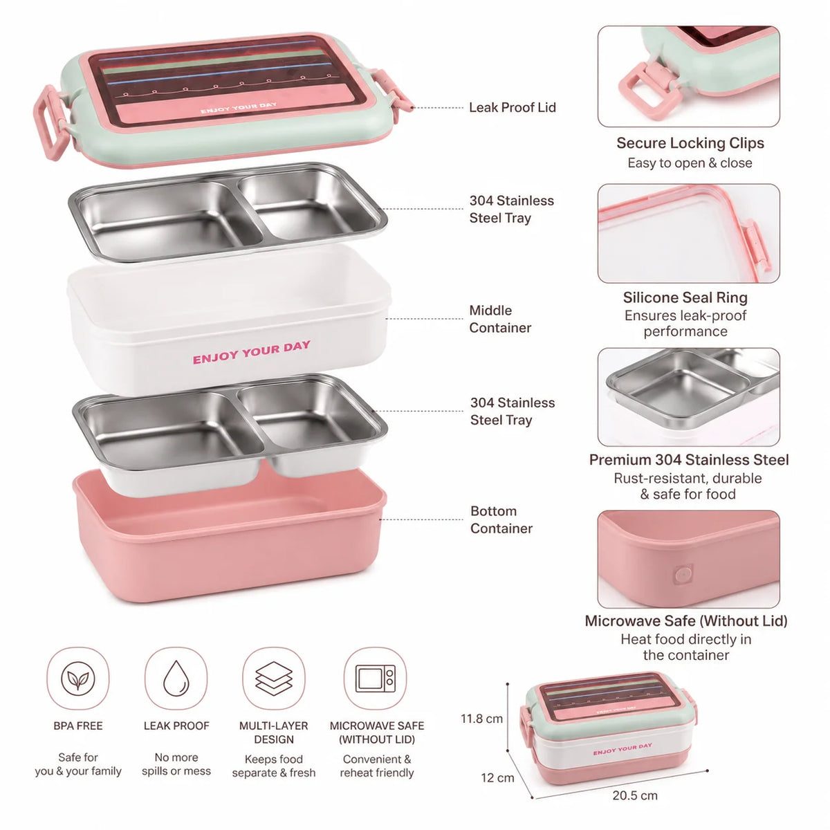“Enjoy Your Day” 2-Tier Stainless Steel Bento Lunch Box – 1200ml | Leak-Proof | Microwave Safe