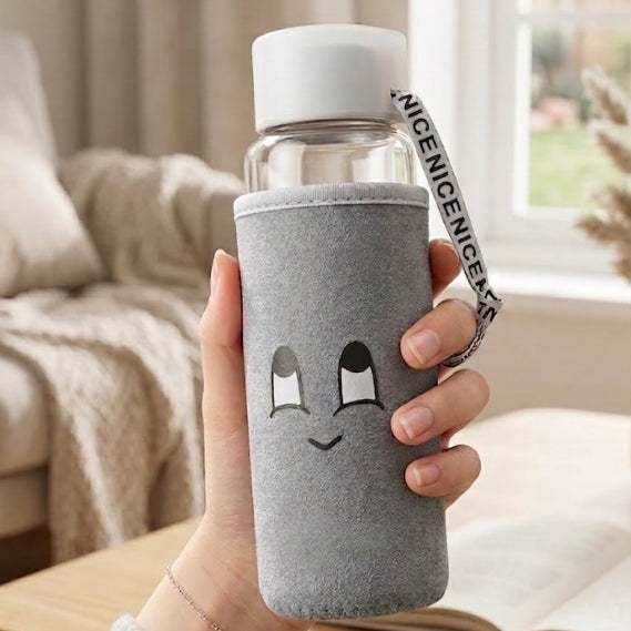 ShinerMe LOVE Glass Water Bottle with Smiley Face Neoprene Sleeve