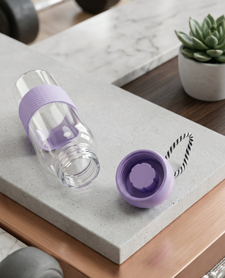 Clear Glass Water Bottle with Silicone Sleeve & Rope Lid