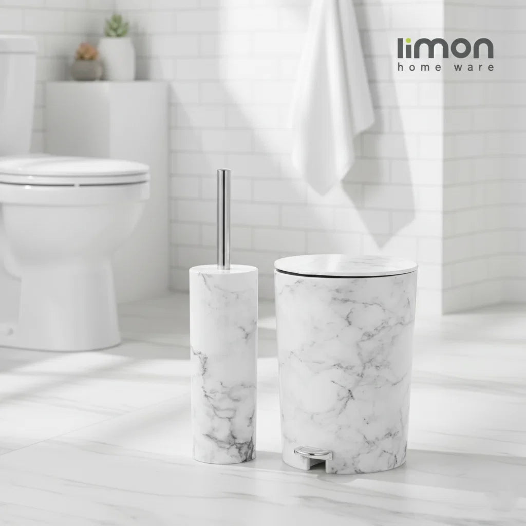 Limon Marble Pedal Trash Can & Toilet Brush Set – 2 Pieces
