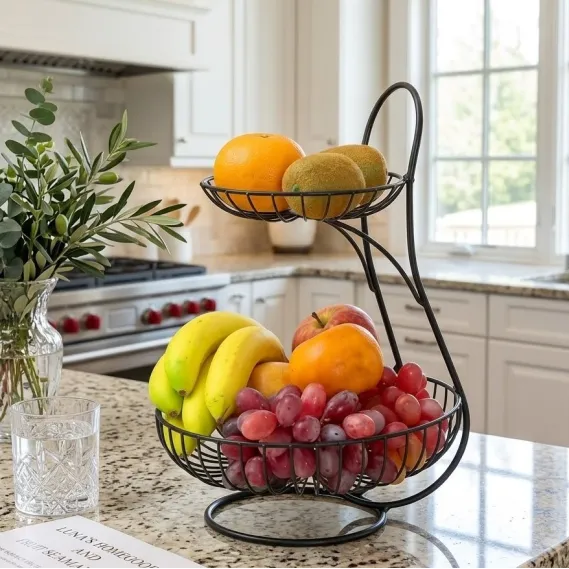 2-Tier Metal Wire Fruit Basket with Curved Hook Stand – Dark Bronze