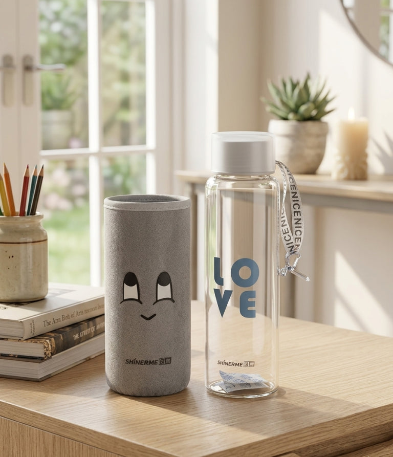 ShinerMe LOVE Glass Water Bottle with Smiley Face Neoprene Sleeve