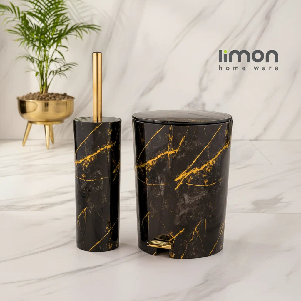 Limon Marble Pedal Trash Can & Toilet Brush Set – 2 Pieces