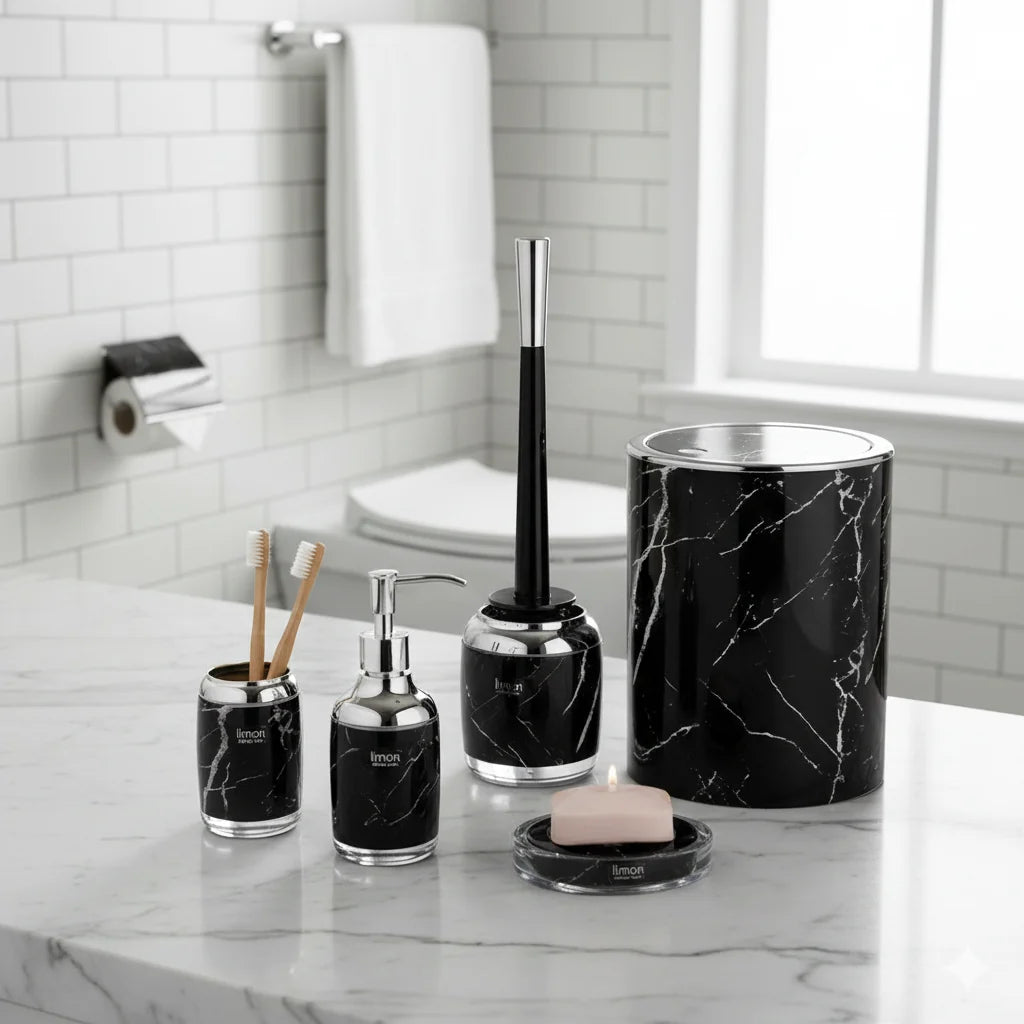 Marble Bathroom Accessories Set – 6 Pieces with Chrome Accents