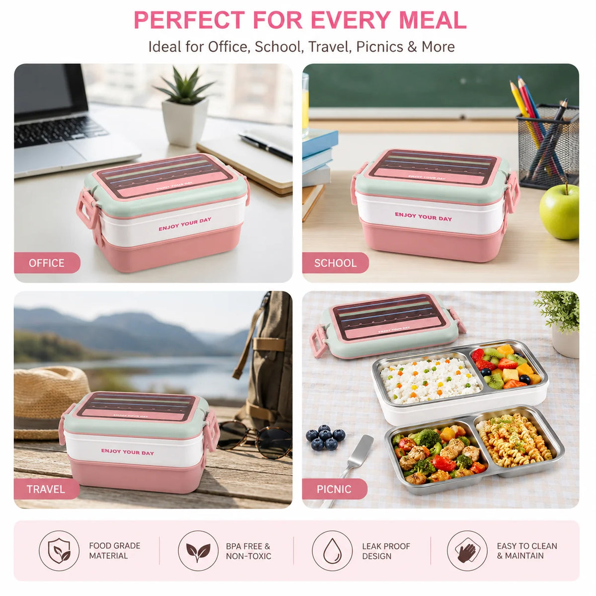 “Enjoy Your Day” 2-Tier Stainless Steel Bento Lunch Box – 1200ml | Leak-Proof | Microwave Safe