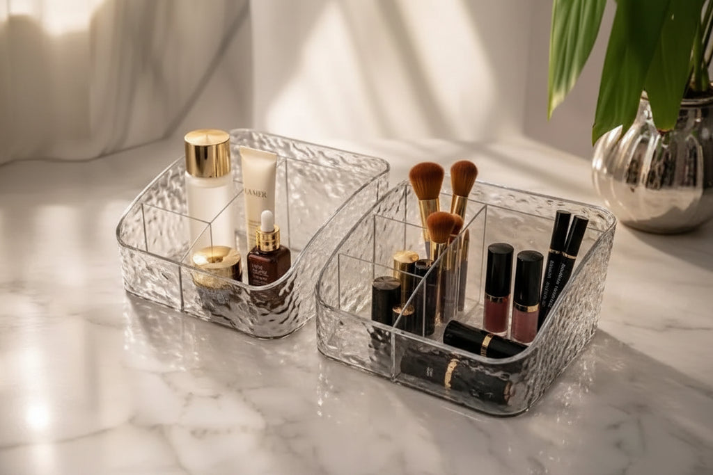Crystal Texture Acrylic Makeup & Skincare Organizer Tray – Multi-Compartment