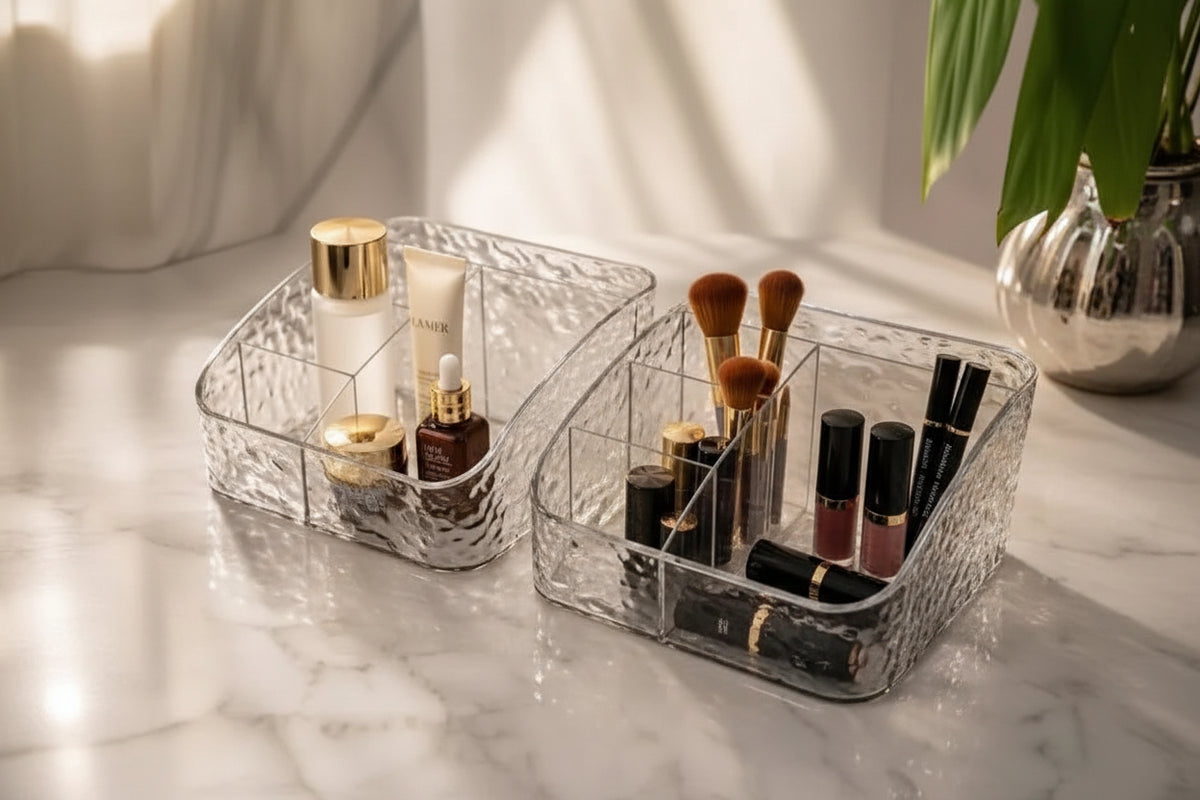 Crystal Texture Acrylic Makeup & Skincare Organizer Tray – Multi-Compartment