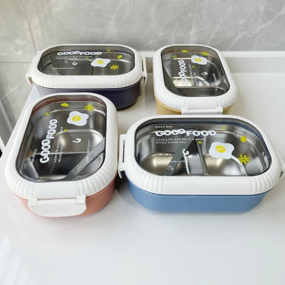 Good Food Stainless Steel Lunch Box with Transparent Lid & Spoon – 2 Compartments | 4 Colours