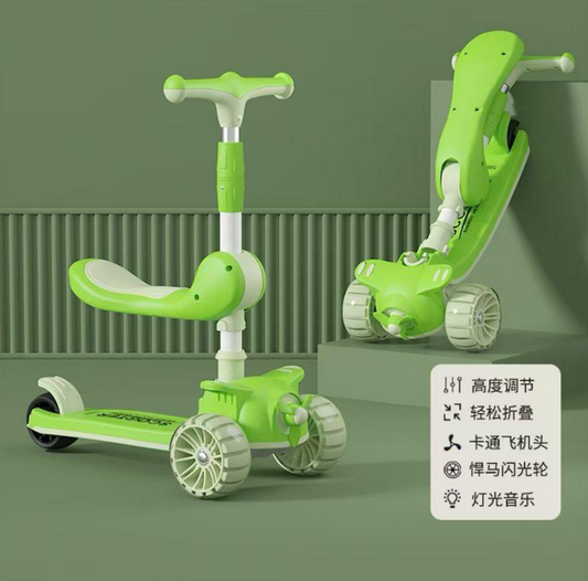 3-in-1 Foldable Kids Scooter with Seat | Adjustable Height Kick Scooter with LED Flash Wheels & Music