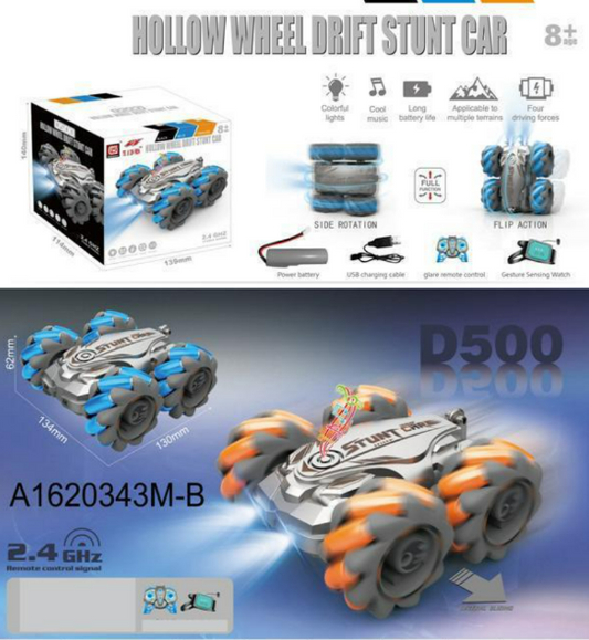Hollow Wheel Drift Stunt Car - 2.4GHz Gesture Sensing & Remote Control RC Stunt Car with Colorful Lights, Music, Side Rotation, and Flip Action (A1620343M-B / D500)