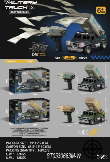 2.4GHz RC Military Money Launcher Truck | Remote Control Cash Shooter Toy with Lights (ST0530683M-W)