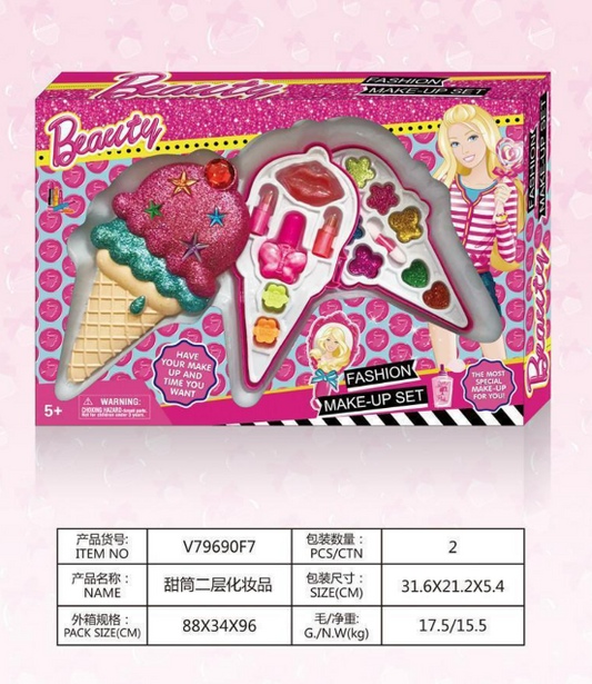 Ice Cream Double-Layer Fashion Make-Up Set | Kids Pretend Play Cosmetics & Beauty Kit with Lipsticks, Eye Shadow & Accessories (Model V79690F7)
