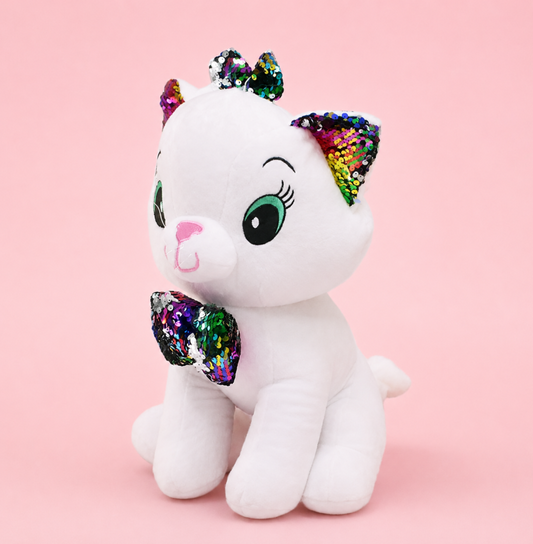 Sequin Bow Cat Plush Toy – Glitter Rainbow Kitty Stuffed Animal for Kids