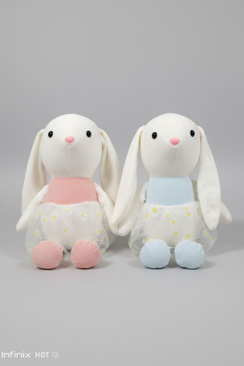 Daisy Dress Bunny Plush Toy – Cute Long-Ear Rabbit Stuffed Animal | Pink & Blue