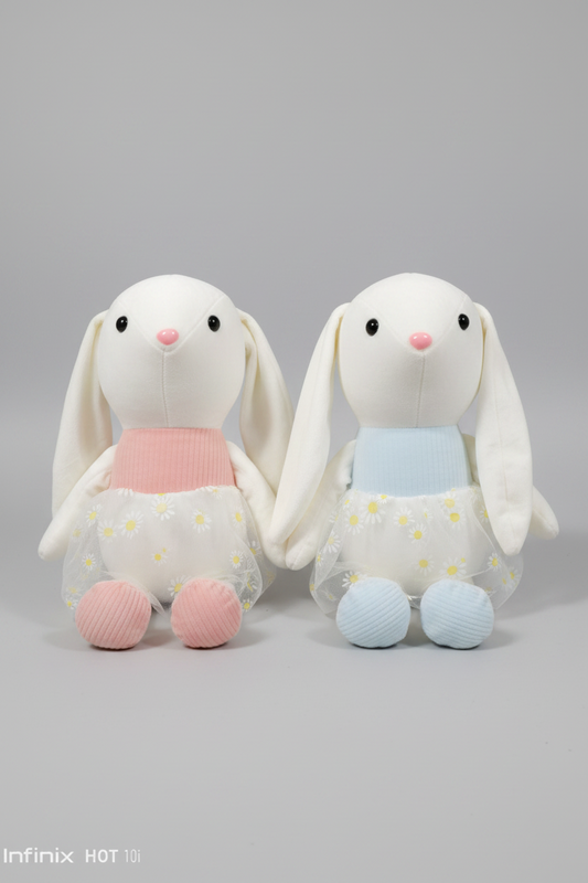 Daisy Dress Bunny Plush Toy – Cute Long-Ear Rabbit Stuffed Animal | Pink & Blue