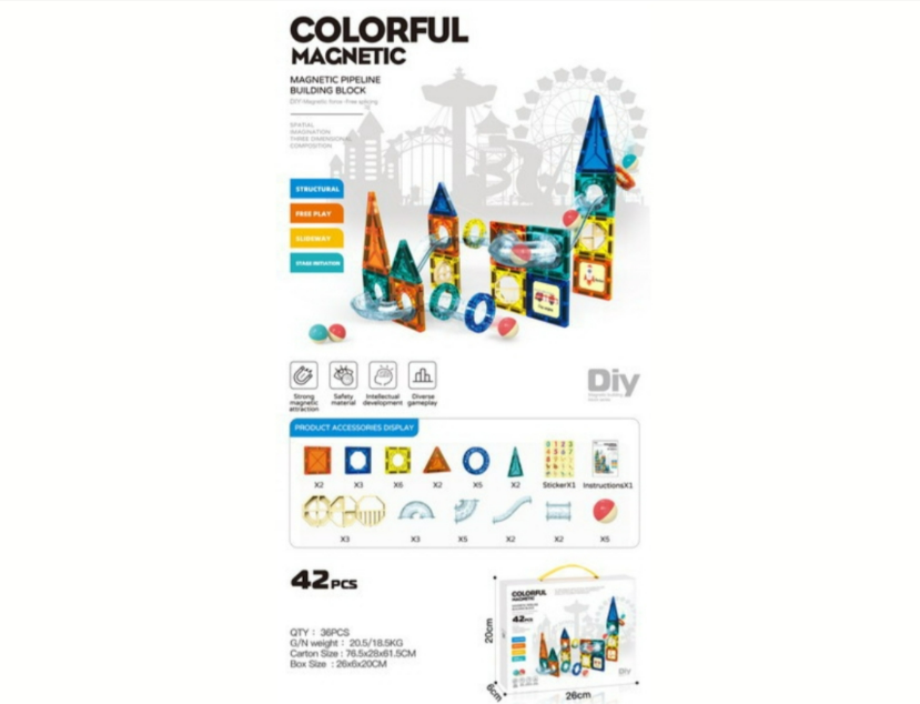 PZL Colorful Magnetic Pipeline Building Block – 42 Piece DIY STEM Magnetic Tiles | Age 3+