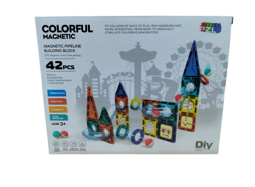 PZL Colorful Magnetic Pipeline Building Block – 42 Piece DIY STEM Magnetic Tiles | Age 3+