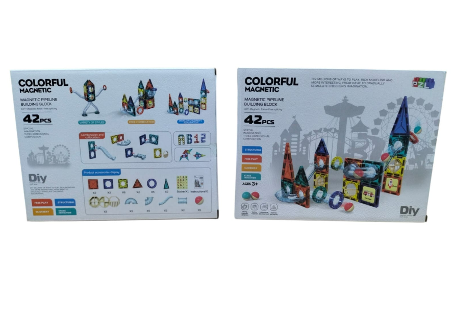 PZL Colorful Magnetic Pipeline Building Block – 42 Piece DIY STEM Magnetic Tiles | Age 3+