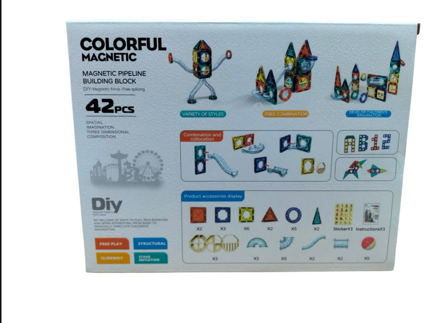 PZL Colorful Magnetic Pipeline Building Block – 42 Piece DIY STEM Magnetic Tiles | Age 3+