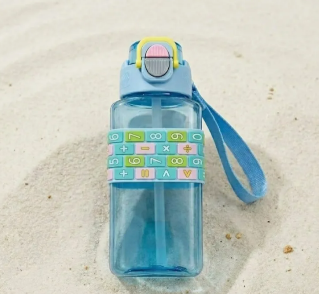 Kids Math Numbers Silicone Band Water Bottle 500ml – Flip-Top with Straw
