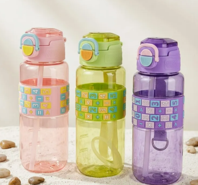 Kids Math Numbers Silicone Band Water Bottle 500ml – Flip-Top with Straw