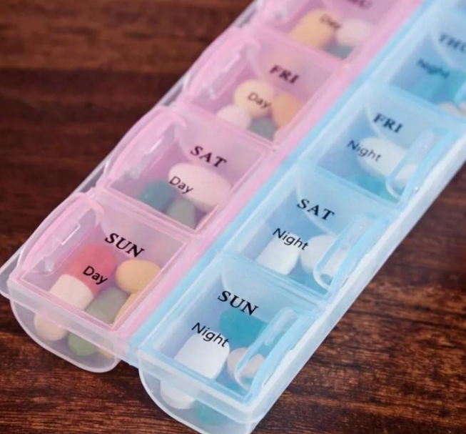 7-Day Weekly Pill Organizer Box – Day & Night | 14 Compartments