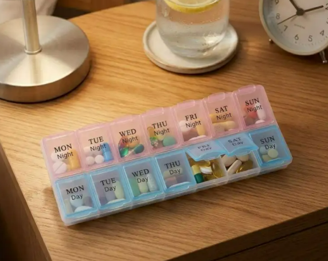 7-Day Weekly Pill Organizer Box – Day & Night | 14 Compartments