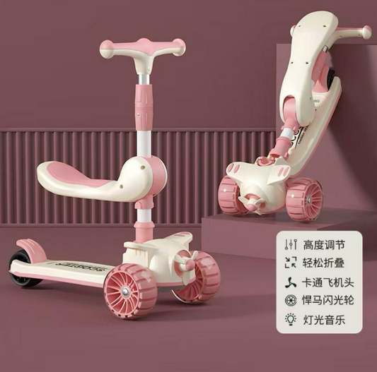 3-in-1 Foldable Kids Scooter with Seat | Adjustable Height Kick Scooter with LED Flash Wheels & Music