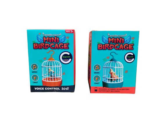 Mini Birdcage Voice Control Bird Toy - two color variants in teal packaging